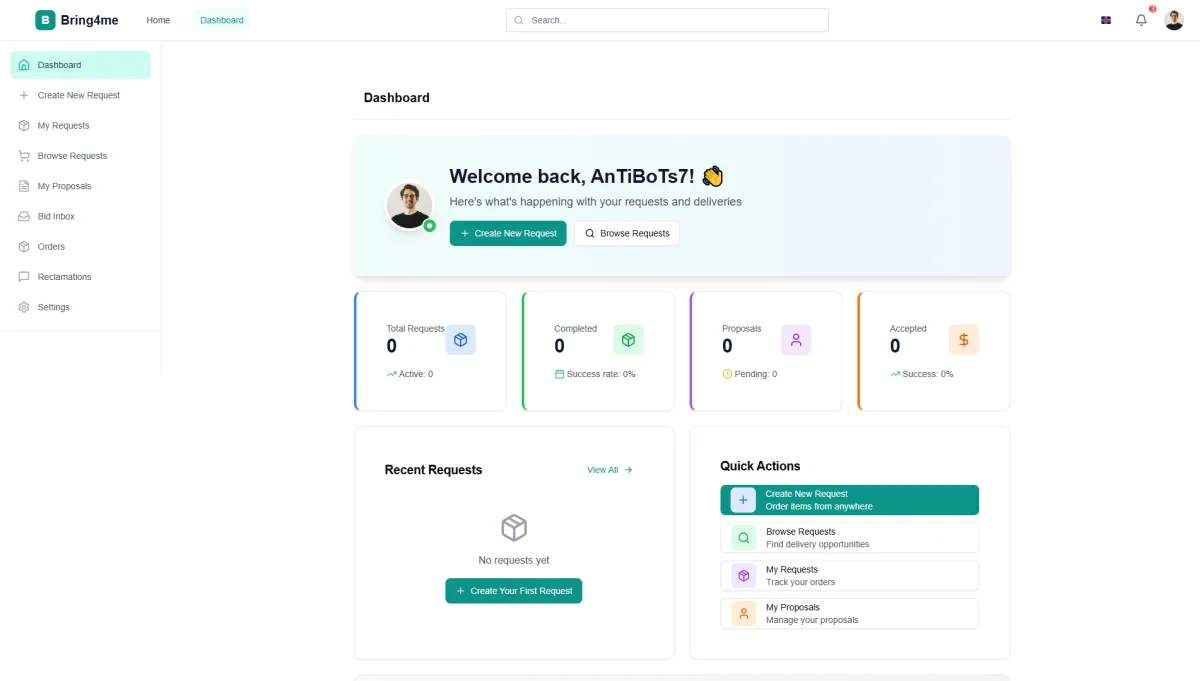 Tableau de bord de Bring4Me, plateforme web de livraison collaborative