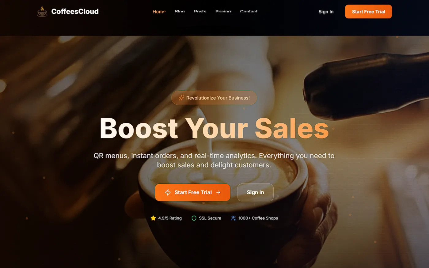 Page d’accueil du site CoffeesCloud, plateforme de commande par QR code pour les cafés