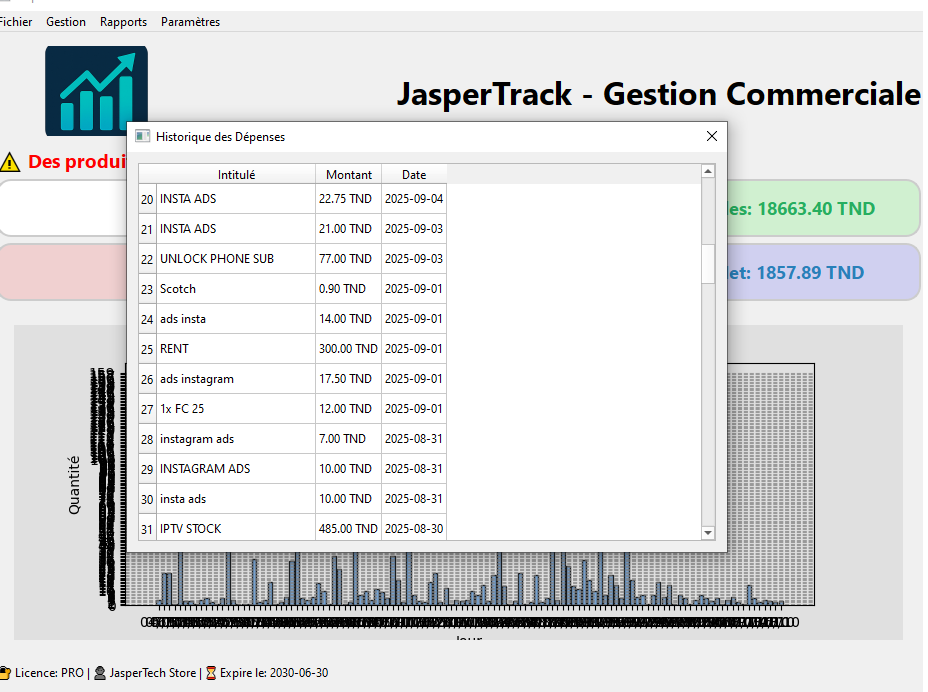 Capture d'écran 2 — JasperTrack – Logiciel de gestion commerciale et d'inventaire
